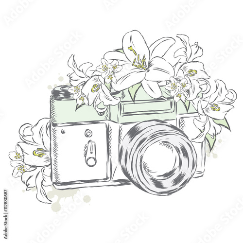 Download Vintage camera with flowers. Vector illustration. - Buy ...