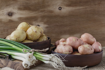 Canvas Print - Raw organic potatoes and spring green onion, garlic