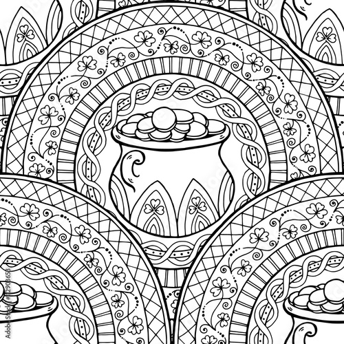Download Saint Patrick S Day Theme Mandala With Irish Pot Golden Coins With Clover Black White Pattern Can Be Used For Wrapping Paper Coloring Book For Adults And Kids Engrave Tiled Seamless Background Stock