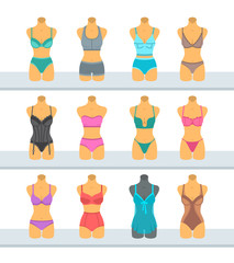 Wall Mural - Female mannequins display fashionable lingerie flat style illustration. Different woman torso models in underwear front view. Various combinations of bra designs and panties styles on plastic manikins