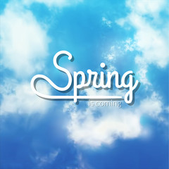 Spring Typographic Design. Lettering Spring design on blue sky background