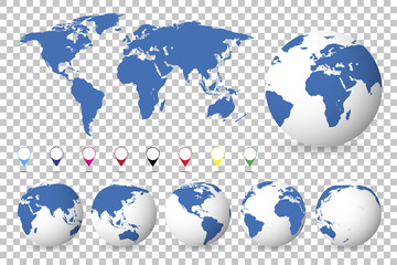 Canvas Print - set of globes with different continents and a map earth, isolated background