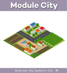 Country village of townhouses and rural houses with roads, streets, trees in an isometric view and a garden
