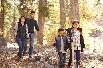 Wall Mural - Close up of happy Hispanic family hiking in forest, close up