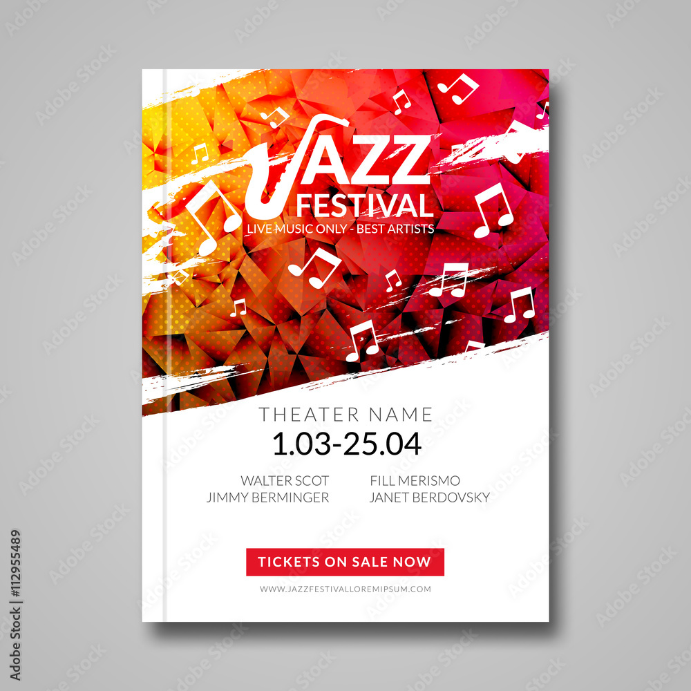 Vector musical flyer Jazz festival. Music background festival brochure flyer template  - obrazy, fototapety, plakaty 