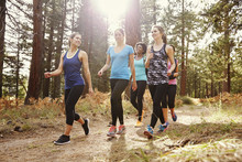 Group Of Women Runners Walking In A Forest Talking, Close Up