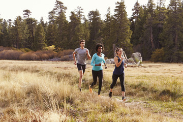 Man and two women running near a forest