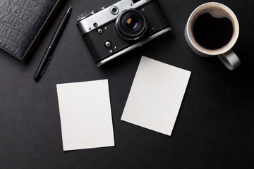 Poster - Office desk with photos, camera, coffee and notepad