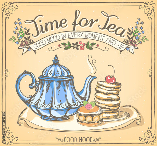 Photo Retro illustration Time for tea with teapot and pancakes