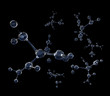 3d render of the blue molecules on the black background.