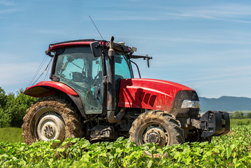 Aufkleber - Harvesting crop by red tractor in austrian alpine green mountain