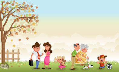 Wall Mural - Green grass landscape with cute cartoon family.
