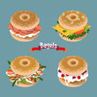 Set of 4 bagels with various topping.
