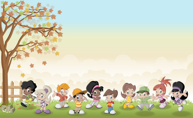 Sticker - Green grass landscape with cute cartoon kids.
