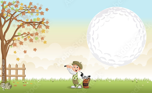 Green grass landscape with cartoon golfer boy shooting a golf ball