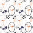Blush pink flamingo in the frame, pineapples and palm trees on the white background. Vector seamless pattern with tropical bird and fruit. Hand drawn illustration.