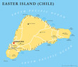 Easter Island political map with capital Hanga Roa, important places, lakes and monumental Moai statues. Chilean island in the South Pacific Ocean. English labeling and scaling. Illustration.