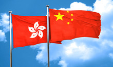Hong Kong Flag With China Flag, 3D Rendering