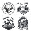 Set of Dino Logos. Raptor t-shirt illustration concept on grunge background. T-rex beer label design. Vintage Jurassic Period badge.