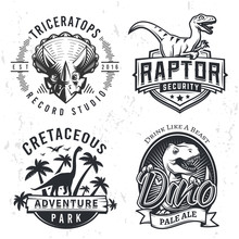Set Of Dino Logos. Raptor T-shirt Illustration Concept On Grunge Background. T-rex Beer Label Design. Vintage Jurassic Period Badge.