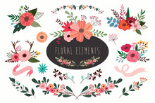 Hand Drawn Vector Floral Set With Branches And Flowers Bouquets.