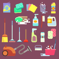 Poster - Cleaning maid equipment or cleaning service vector flat icons. Equipment for housework domestic cleaning vector illustration