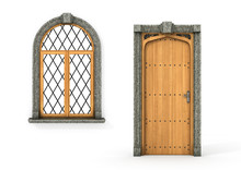 Ancient Wooden Door And Window. Set Of Castle Door And Window Is