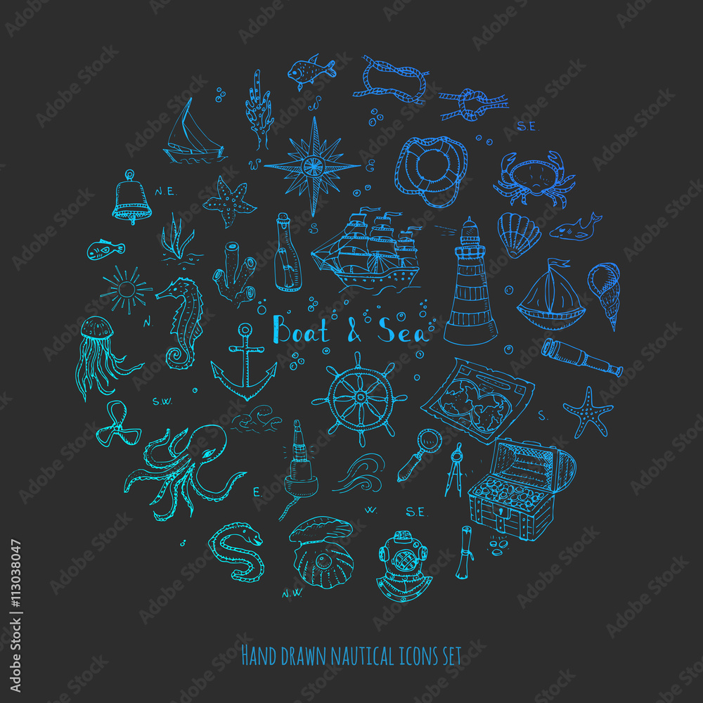 Hand drawn doodle Boat and Sea set Vector illustration boat icons sea ...