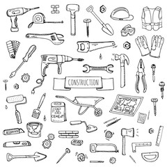 Hand drawn doodle Construction tools set Vector illustration building icons House repair icons concept collection Modern sketch style labels of house remodel gear elements and symbols Home repair tool