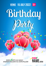 Birthday Party Poster. Sky Clouds Happy Birthday Balloons With Confetti.