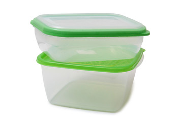 Plastic food containers on a white background