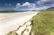 Looking Across The Machair To The White Sand Beach Of Seilebost At Low Tide And The Hills Of Taransay And North Harris, From Seilebost, Isle Of Harris, Outer Hebrides, Scotland