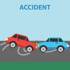 Car crash. Two cars hit head-on. Flat design.