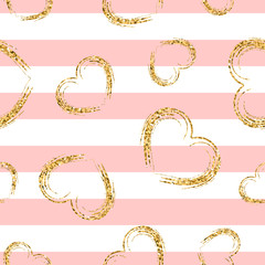 Golden hearts and stripes seamless pattern. Gold glitter and pink chaotic template. Abstract texture. Retro. Valentine day design template for wallpaper, wrapping, textile, fabric. Vector Illustration