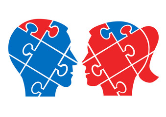 Man woman understanding concept.
Two Puzzle heads silhouettes symbolizing understanding between man and woman. Vector available.
