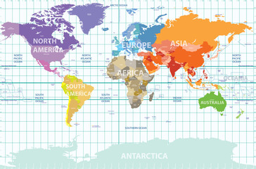 Wall Mural - political map of the world with all continents separated by color, labeled countries and oceans, and