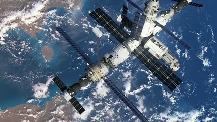 Wall Mural - increasing the height of the orbit of the space station. 3d animation.