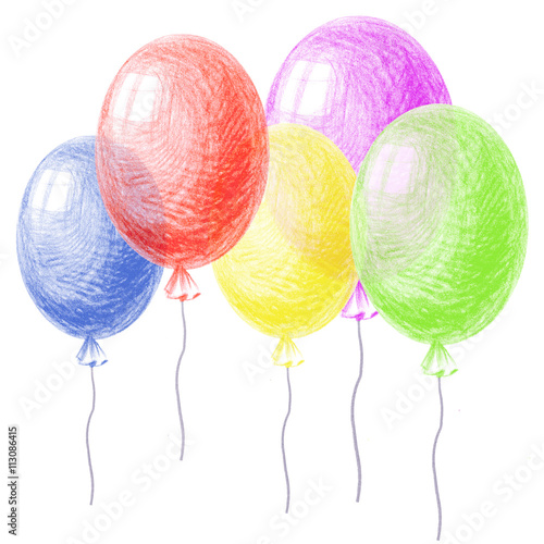 Bright colorful balloons, drawing by crayon. Hatching colored pencil