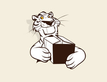 Tiger Mascot Holding A Box. Animal Character