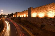 Night Time Lights Of Traffic, Jaffa Gate, Old Walled City, Jerusalem, Israel