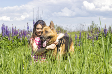 Canvas Print - girl hugging a dog