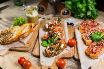 Beautiful fresh sandwiches with meat pate with vegetables and greens