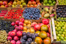 Florence, Italy - September 17, 2015: Fruits And Vegetables In Boxes For Sale In Italian Market