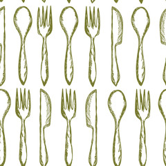 Seamless texture with Fork, Knife, Spoon in sketch style. Hand drawing cutlery pattern. Vector illustration