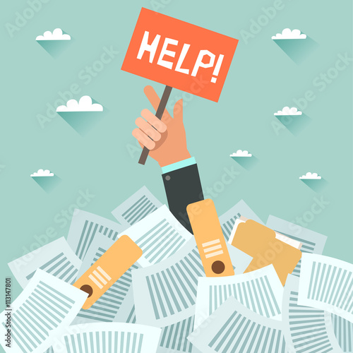 Fotografie, Obraz Businessman under a lot of documents and holding a HELP placard