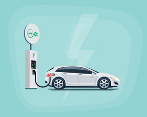 Wall Mural - Electric Car Charging at the Charging Station on color background