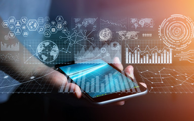 Aufkleber - Businesswoman using digital mobile phone charts interface