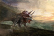 triceratops, the dinosaurs and sea behind 