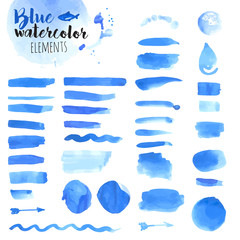 Wall Mural - Set of hand drawn blue watercolor elements, brushes, water drop, frames, stains, ribbons, pattern and background. Vector illustrations for graphic and web design.