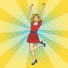 Happy Woman. Young Beautiful Woman with Raised Hands Up. Pop Art. Vector illustration